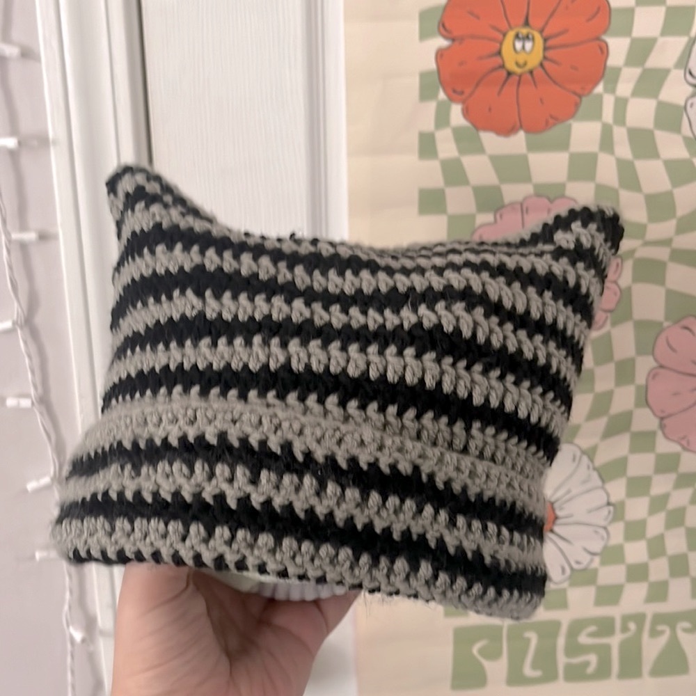 Handmade crochet cat beanie, striped black and gray made by me